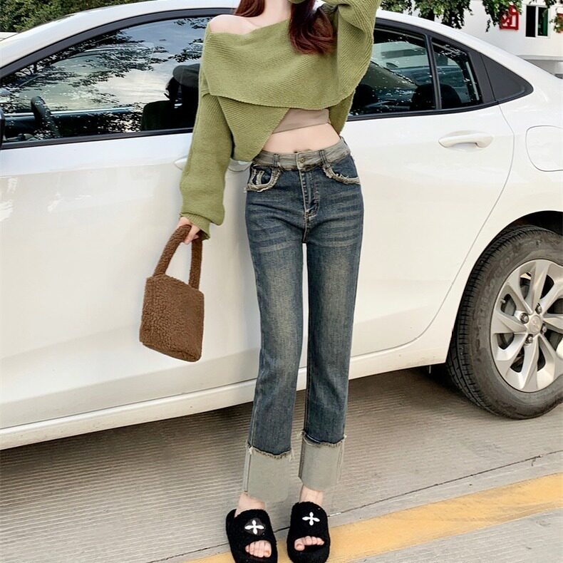 直筒牛仔裤女2025春秋高腰弹力宽松显瘦复古小个子卷边裤九分裤子,男装牛仔裤,星座1210-1