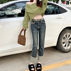 直筒牛仔裤女2025春秋高腰弹力宽松显瘦复古小个子卷边裤九分裤子，男装牛仔裤，星座1210-1