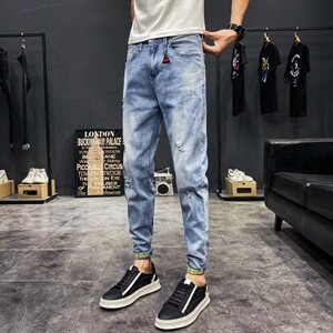 秋季薄款破洞九分牛仔裤男修身小脚弹力韩版乞丐哈伦裤子P45图片