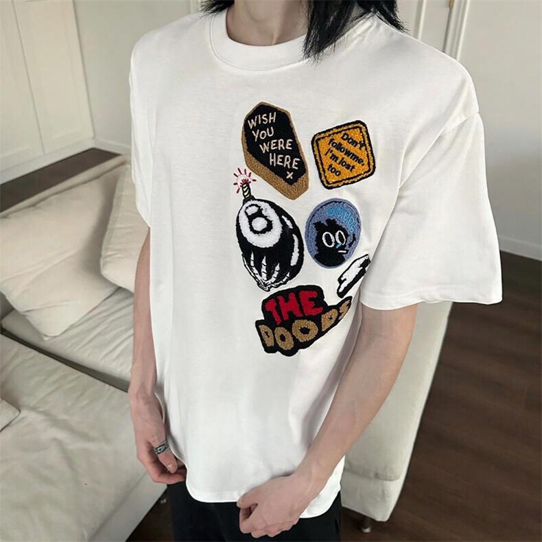 万针全刺绣工艺得物抖音高品质260克纯棉双纱美式高街短袖T恤P33,男装T恤,电商A486-1