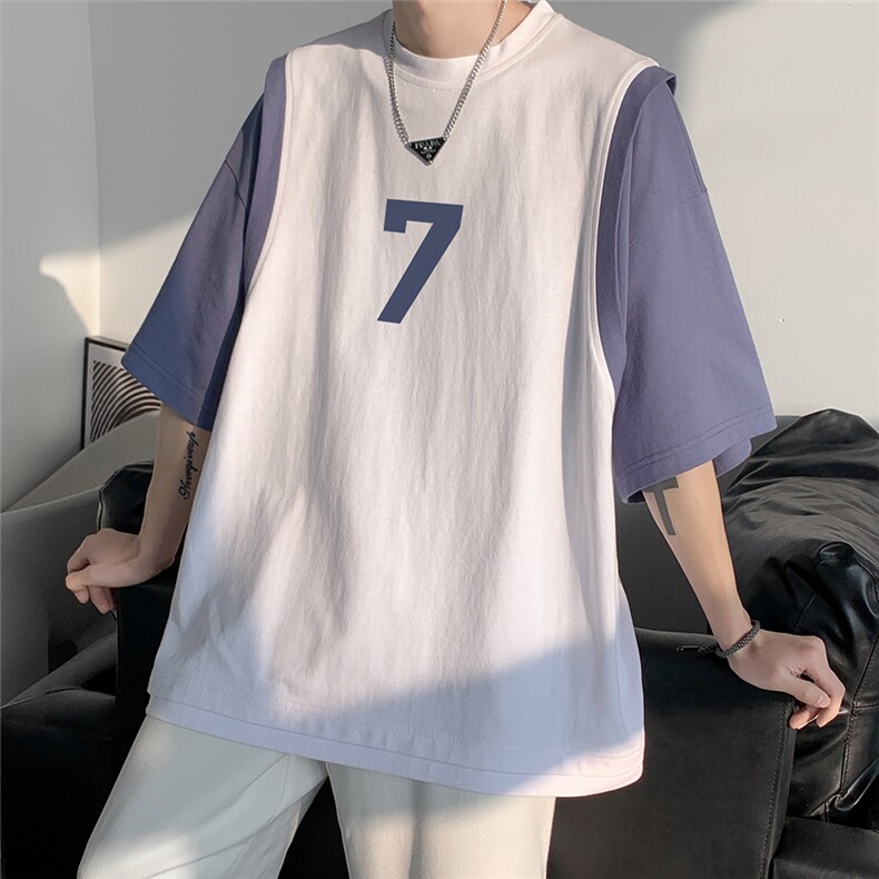 港风  纯棉夏季休闲宽松假两件拼色短袖T恤男女潮 T6509 P35控48图片