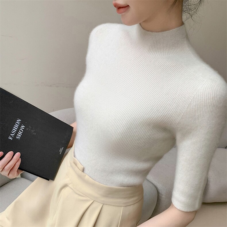 2025新半高领五分袖羊毛针织衫女内搭毛衣中袖无缝上衣打底,针织衫/毛衣,皓宇羊绒