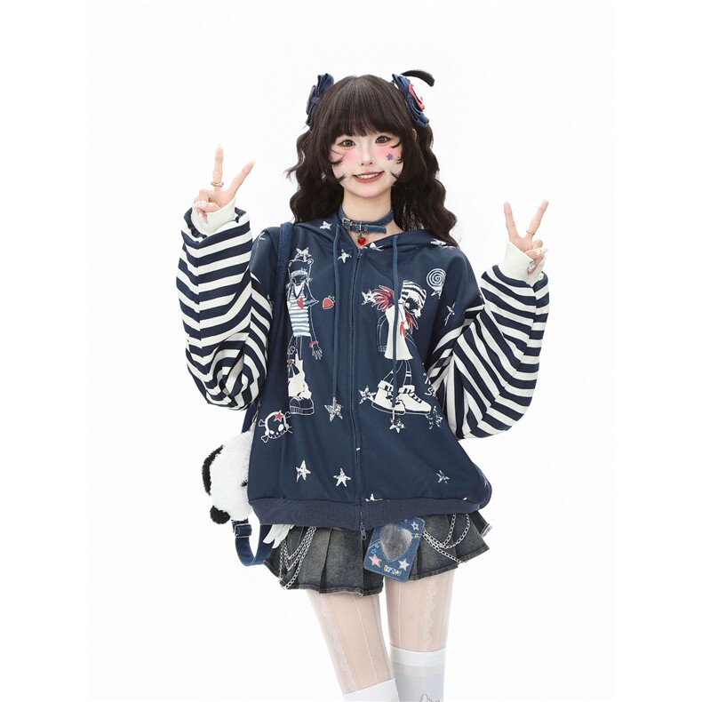 蓝鬼公园Languid Park小众复古拼接条纹卫衣外套女秋季棒球服上衣图片