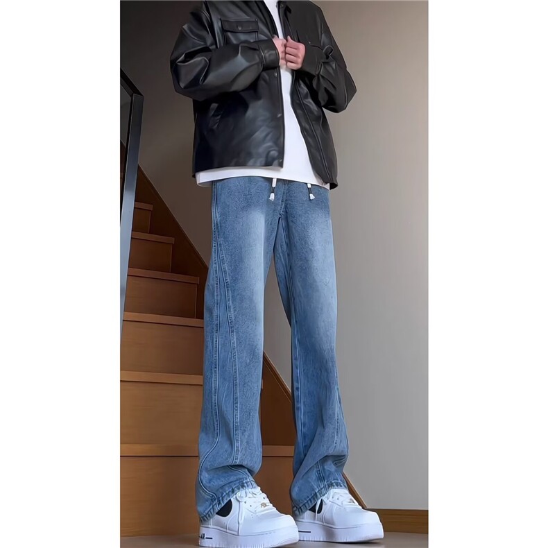 美式复古直筒牛仔裤男女宽松水洗松紧腰阔腿休闲裤K6067-P40网图，女装牛仔裤，电商B245