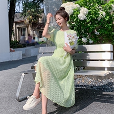 法式浪漫立体花连衣裙女中长款夏2025新款抽绳收腰泡泡纱仙女长裙，女装连衣裙，2C229