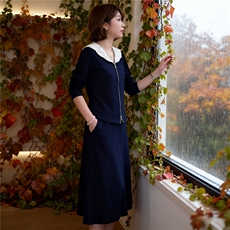 韩版女秋季新款时尚洋气套装裙娃娃领领开衫拉链上衣中长裙两件套，女装套装/套裙，江南