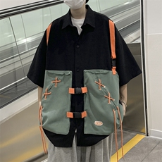 夏季潮流宽松假两件半袖T恤美式工装衬衫潮牌ins短袖W3434-P52，男装衬衫，星座512-2