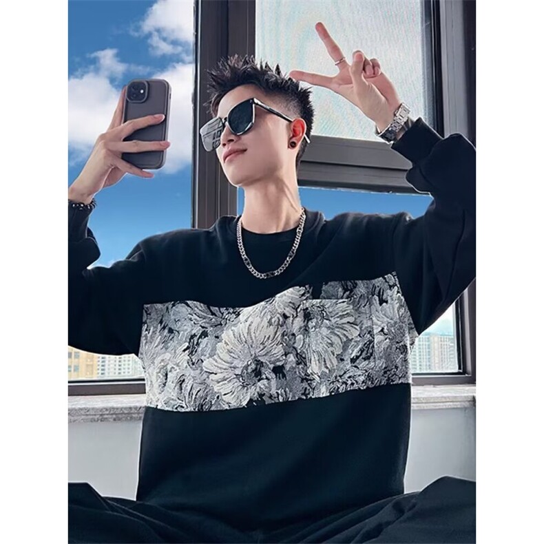 高级感刺绣卫衣男潮牌2025新款长袖T恤春秋季重磅外套痞帅上，男装T恤，星座506A