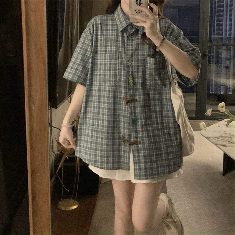 D656-P48 拼色格子牛角扣短袖衬衫夏季复古港风chic小个子上衣图片