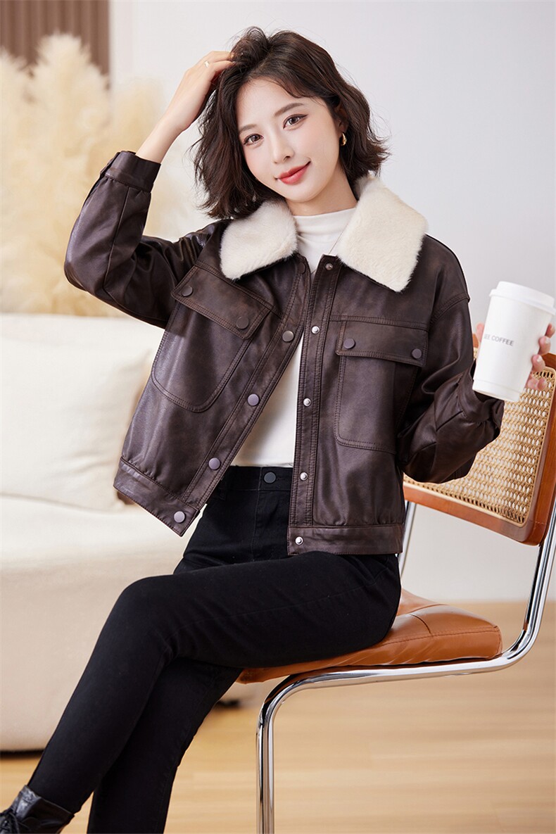 加绒皮衣外套女冬季港风复古机车皮夹克内里獭兔毛派克服短款上衣,女装皮衣,江南女神