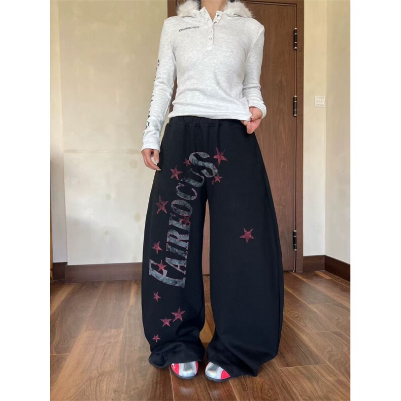 【现货】美式做旧字母星星印花弯刀卫裤男女潮牌加绒裤F250P43,男装休闲裤,星座1112-1