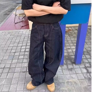 美式复古丹宁蓝阔腿弯刀牛仔裤男解构宽松直筒宽松休闲长裤子潮牌图片