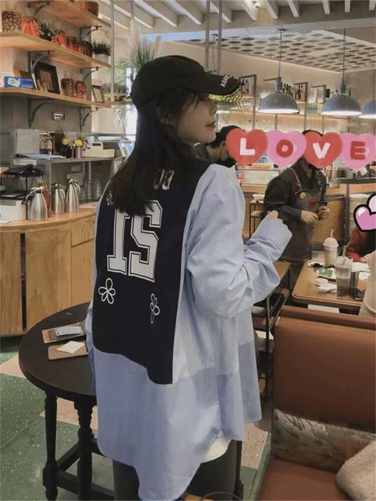 韩系设计感拼接长袖衬衫2025春季新款时尚宽松显瘦上衣,女装衬衫,湘姗