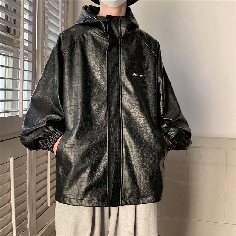 1港风连帽鳄鱼纹PU皮大码M-5XL情侣女冲锋衣夹克男JK8744P90控128，男装夹克，星座226-2