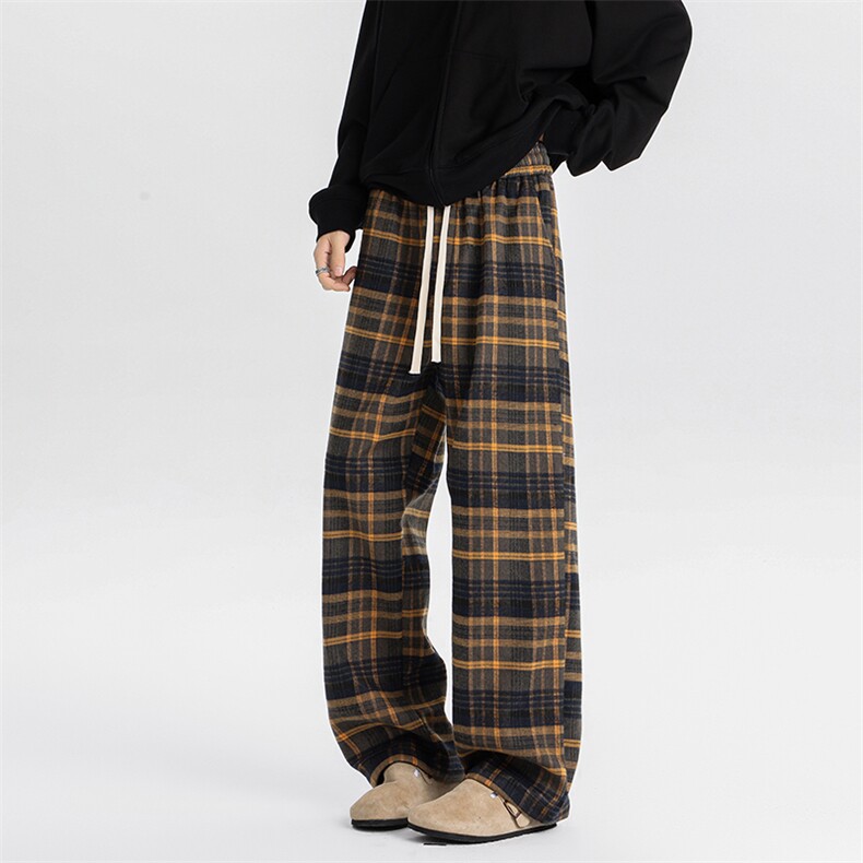 8XL-M毛呢复古格子裤宽松休闲加绒慵懒风直筒阔腿裤K9118P60控78，男装休闲裤，电商D206-1