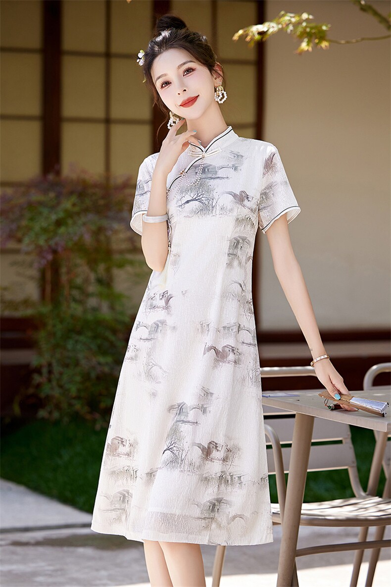 新中式素雅水墨印花连衣裙女2024夏季新款小个子修身国风旗袍裙子,女装连衣裙,艾仟回(原伊仟回)