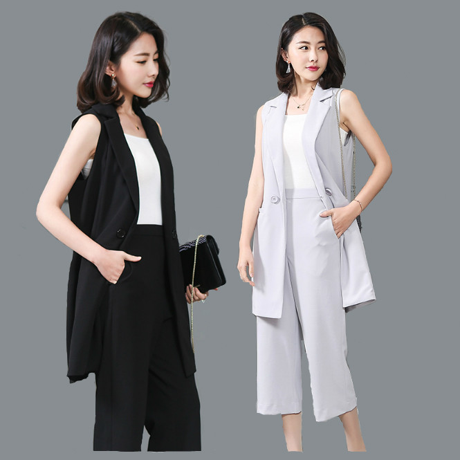 韩版休闲时尚宽松显瘦纯色翻领无袖九分裤2021年夏季潮流两件套,女装套装/套裙,奕阳依阁