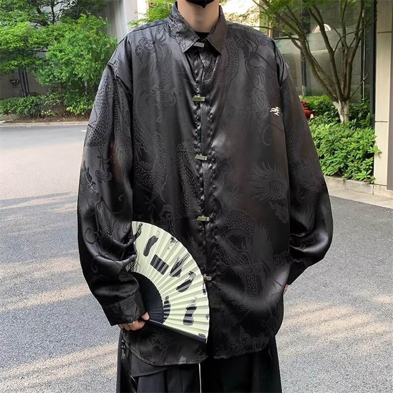 2023港风文艺刺绣龙纹衬衫男春夏宽松潮流长袖衬衣,男装衬衫,星座716-2