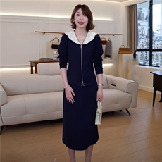 韩版女秋季新款时尚洋气套装裙娃娃领领开衫拉链上衣中长裙两件套，女装套装/套裙，江南