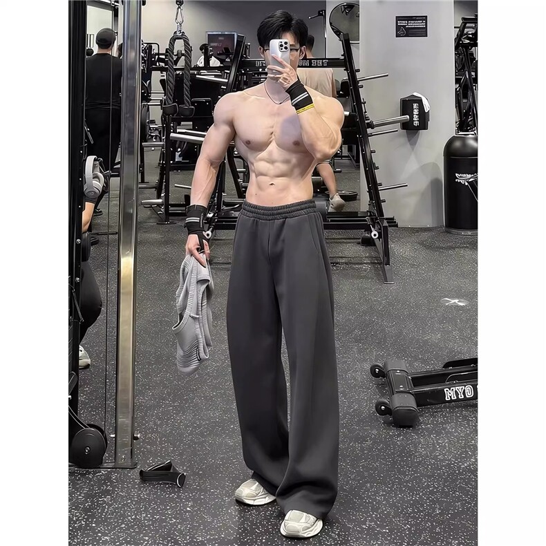 深灰色美式健身运动卫裤男冬季重磅垂感裤子显腿长高腰休闲裤图片