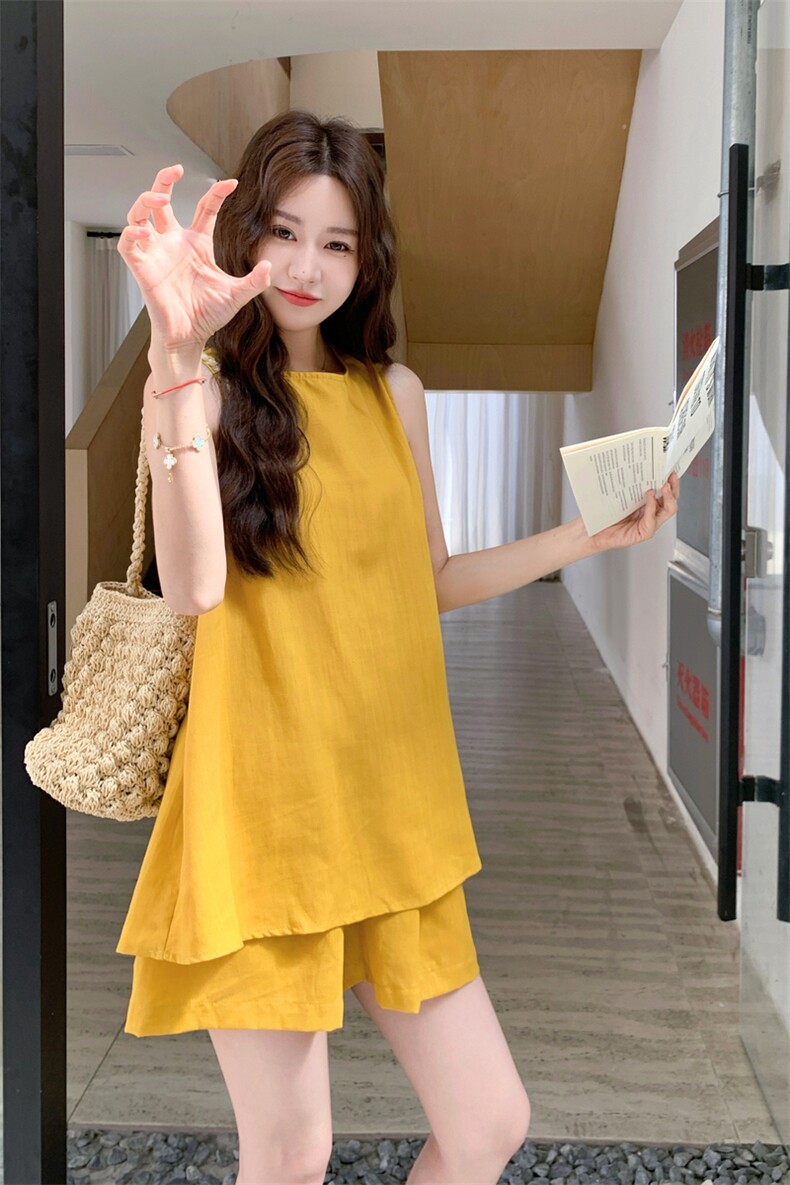 小个子穿搭橘色无袖上衣亚麻套装女夏新款薄款显瘦气质短裤两件套,女装套装/套裙,2C081