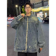 美式潮牌高街浮雕异形机甲设计感牛仔外套男女宽松水洗做旧夹克，男装工装外套，星座1210-1