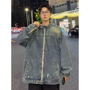 美式潮牌高街浮雕异形机甲设计感牛仔外套男女宽松水洗做旧夹克图片