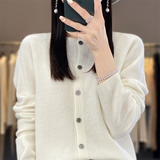 新款羊毛一线成衣圆领短开衫外套针织毛衣长袖DYDM019，女装羊毛衫，北娇羊绒