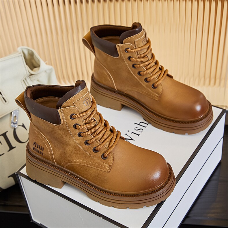 真皮大黄靴女2024秋冬新款复古英伦风马丁靴女短筒机车靴百搭女靴，女鞋马丁靴，电商A223