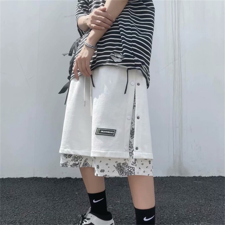 夏季侧边排扣腰果花休闲短裤男潮流假两件宽松运动五分裤DJ21-p28图片