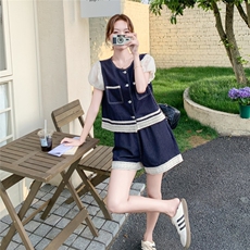 2025夏季新款时尚百搭蕾丝拼接牛仔上衣高腰显瘦短裤两件套套装女，女装套装/套裙，2C159
