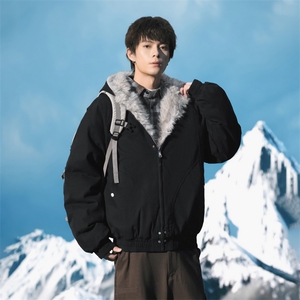 美式座山雕潮百搭显高连帽外套拉链不卡毛加绒毛领棉服1003-TP89图片