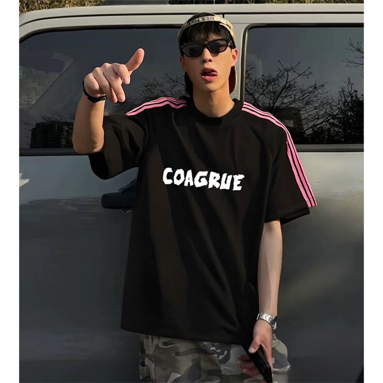 抖音得物品质二开240克宽松纯棉美式潮牌印花三条杠中性风短袖T恤，男装T恤，电商A486