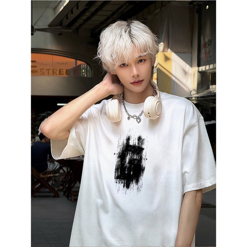 抖音得物供货210克现货宽松纯棉美式潮牌印花落肩袖纯棉T恤AT2157,男装T恤,电商A443