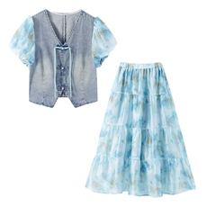 新中式国风套装裙女夏季小个子炸街减龄时尚牛仔拼接半身裙两件套，女装套装/套裙，慕依路