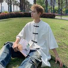 2026夏新款潮男新中式碎花盘扣短袖五分袖衬衫CS380/特P35白色5，男装衬衫，电商A094