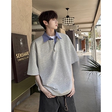 8XL-M格纹拼接假两件短袖t恤大码美式重磅polo翻领半袖DX1218/P48，男装T恤，电商B238