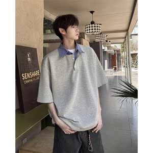 8XL-M格纹拼接假两件短袖t恤大码美式重磅polo翻领半袖DX1218/P48图片