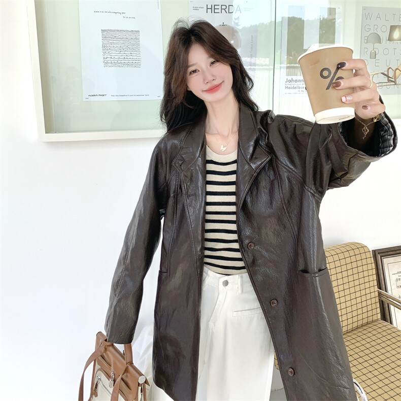 中长款皮衣风衣女2025秋季新款小个子气质复古休闲PU皮外套,女装皮衣,秀美人生