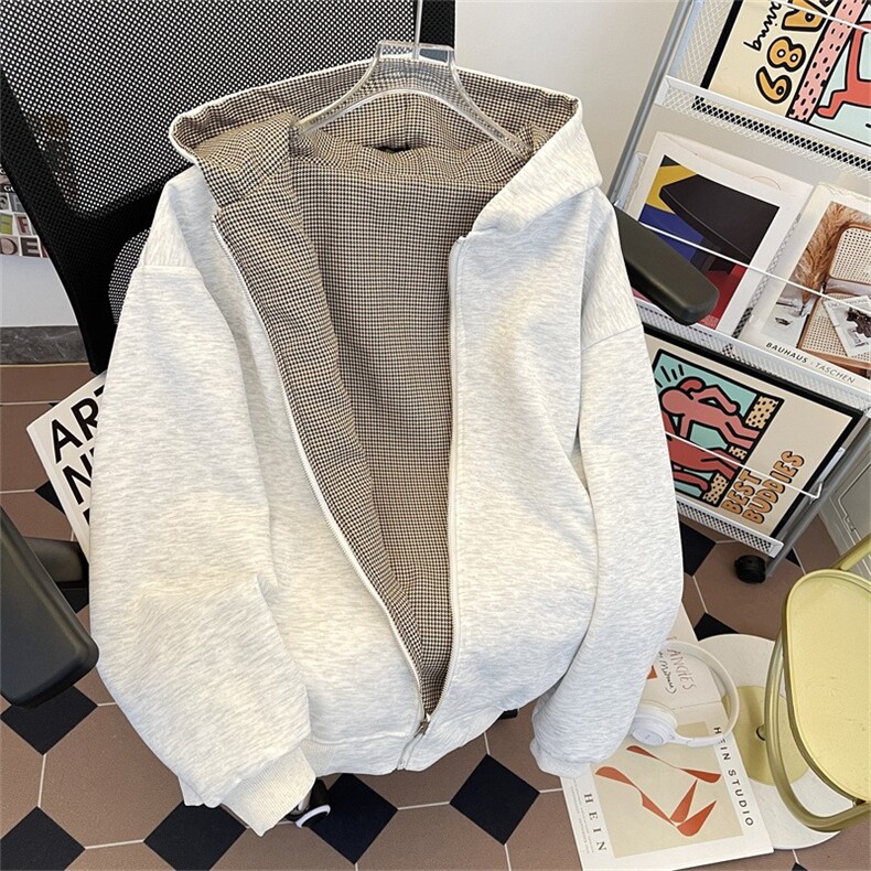 复古千鸟格双面穿格子拉链开衫卫衣cleanfit外套,女装短外套,星座506A