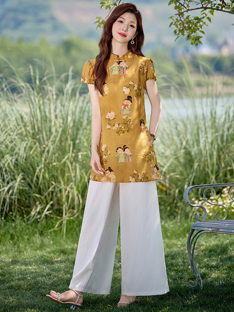 现货新中式套装女2025夏季新款高级感巨好看盘扣上衣阔腿裤,女装套装/套裙,涵墨
