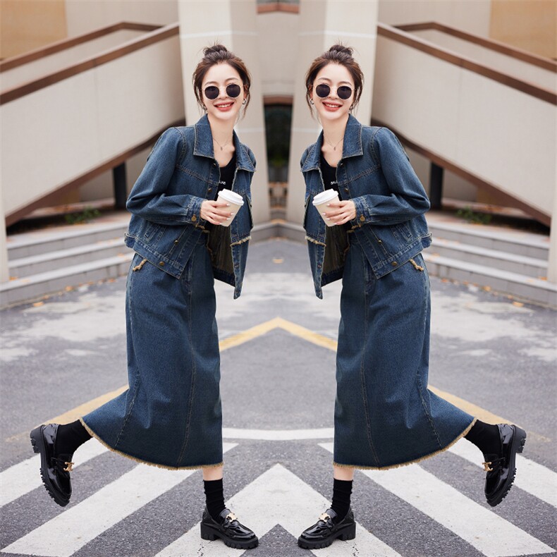 时尚显瘦牛仔套装套裙女秋季新款气质百搭长袖外套连衣裙两件套,女装套装/套裙,秋水欣儿
