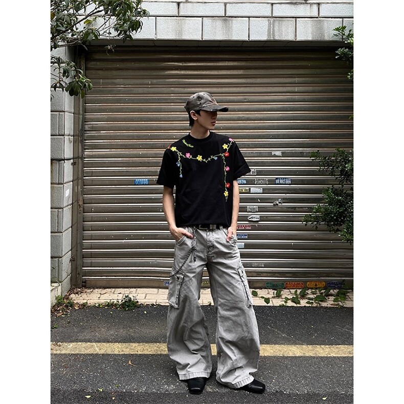 嘻哈美式高街花卉刺绣设计感短袖男女潮牌宽松重磅空气层情侣T恤,男装T恤,星座506A