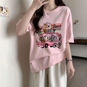 T0727-P25 卡通动物巴士纯棉印花T 甜美减龄T恤粉红少女短袖图片