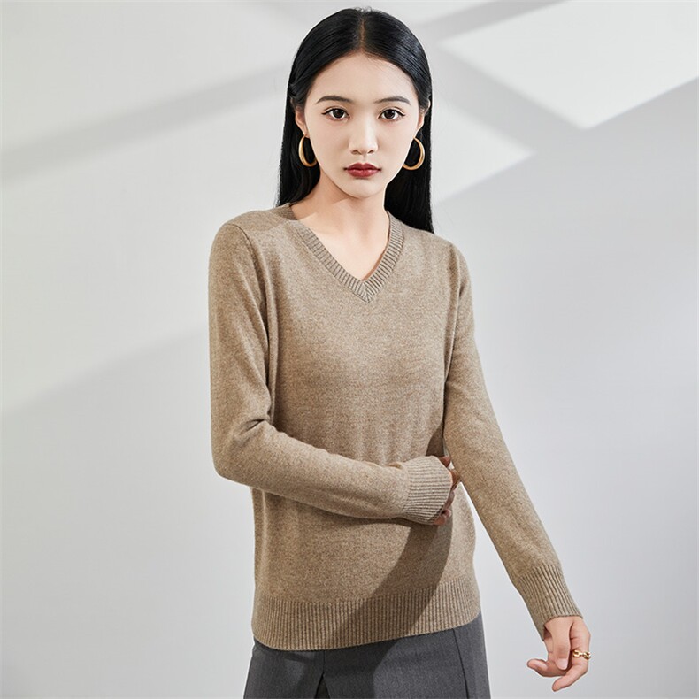 2024秋冬新款35%山羊绒女士净面V领羊绒衫,女装羊绒衫,润辉羊绒