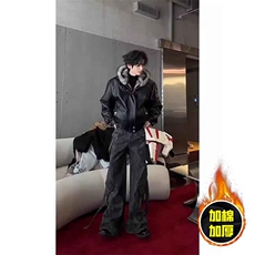 现货冬季美式潮牌痞帅PU皮机车服棉衣毛毛绒狼王座山雕皮棉服，男装棉衣，电商A486