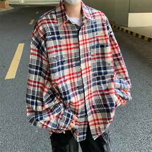 秋款男条纹格子衬衫破洞宽松长袖衬衣外套CS36 P45图片