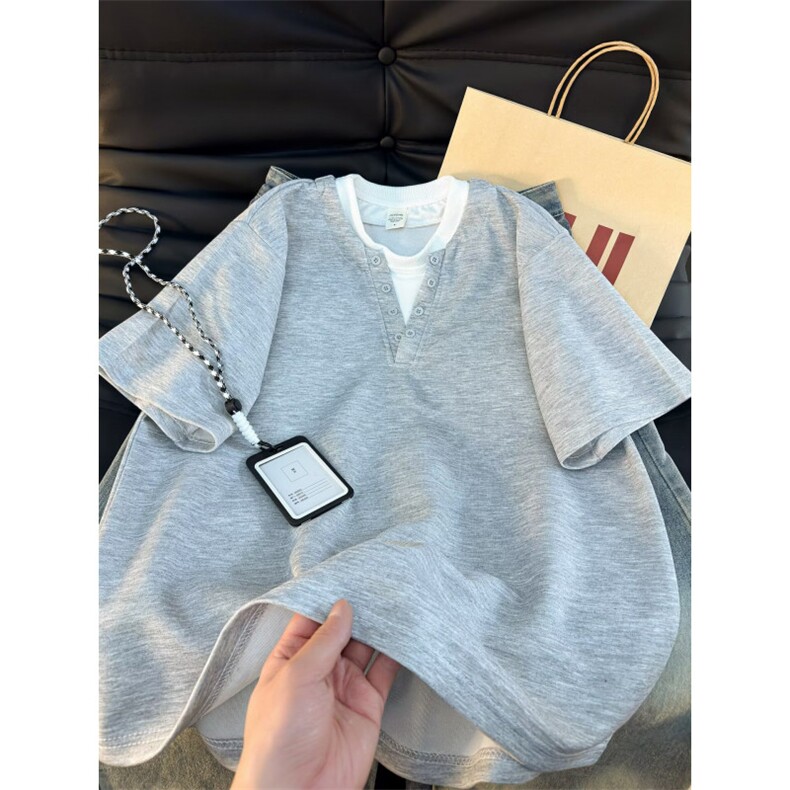 2026新款假两件v领重磅短袖T恤男夏季潮牌休闲简约百搭YY819-P35，男装T恤，电商C216