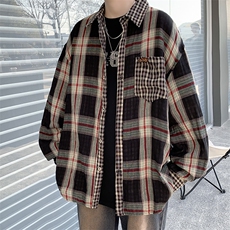 高街潮牌拼接格纹长袖衬衫男撞色宽松衬衣外套1001-1-CS146-P49，男装衬衫，星座1001-1