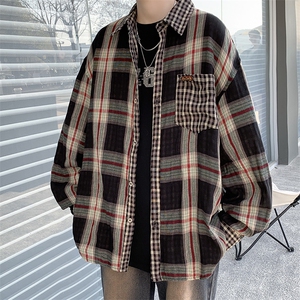 高街潮牌拼接格纹长袖衬衫男撞色宽松衬衣外套1001-1-CS146-P49图片